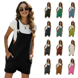 Women's Cotton Linen Short Overalls Casual Summer Bib Shortalls with Pockets Lady Comfort Minimalist
