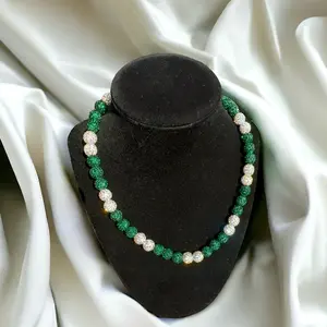 Beaded necklace green and iridescent white