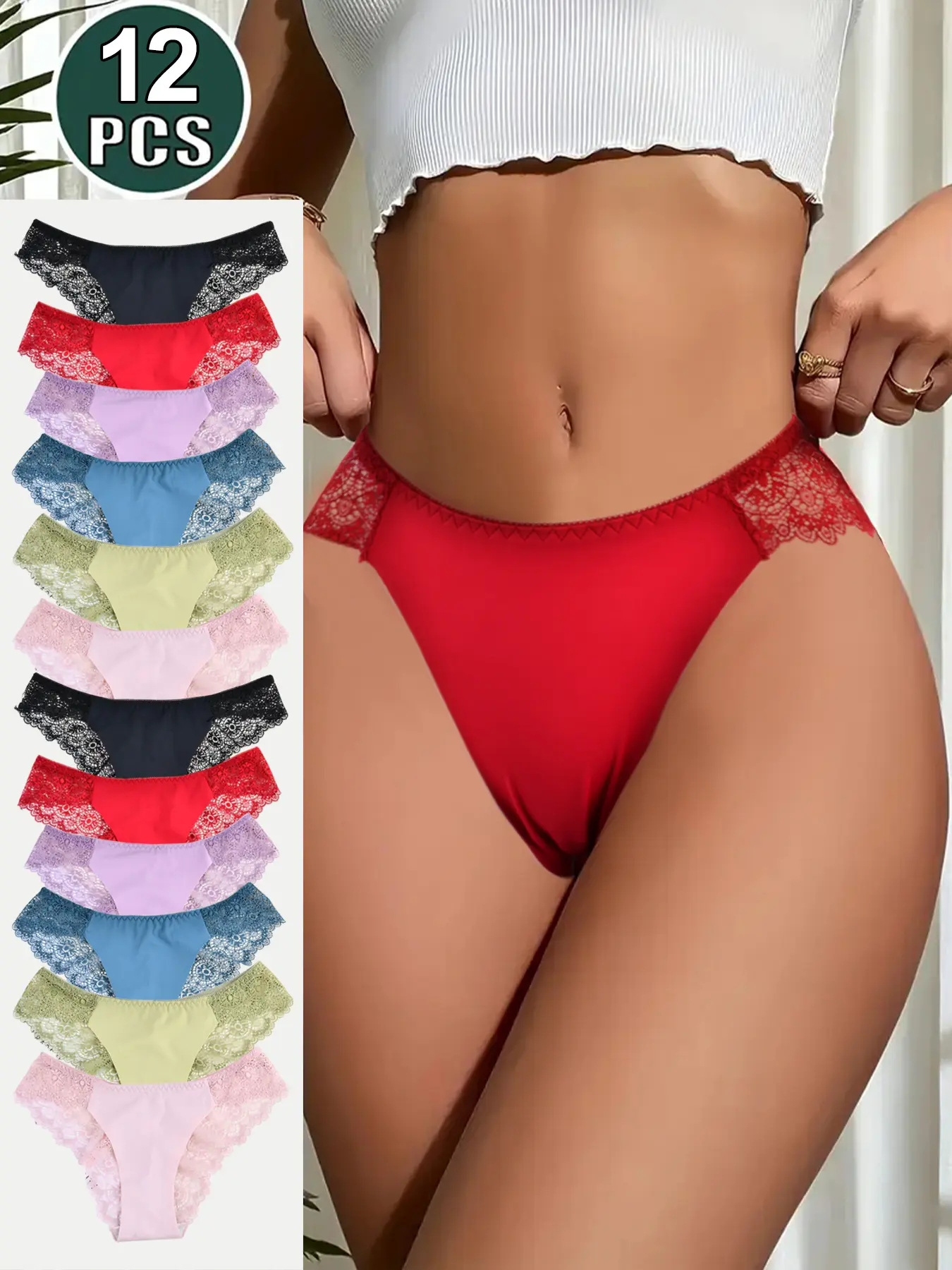 Women's 12 pcs Solid Color Contrast Lace Hollow Out Knicker, Summer Clothes for Lady, Comfy Breathable Panties for All Seasons Daily Wear, Underwear for Women, Perfect Gift for Halloween and Christmas