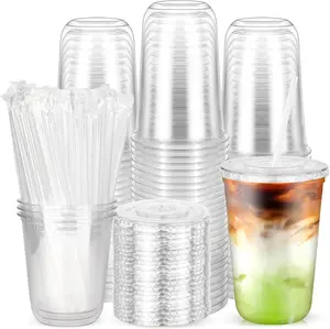 50PCS 16 oz BPA-Free Disposable Plastic Cups with Flat Lids, Clear Straws, Round Bottom – To-Go Iced Coffee Cups for Smoothies, Coffee Shops