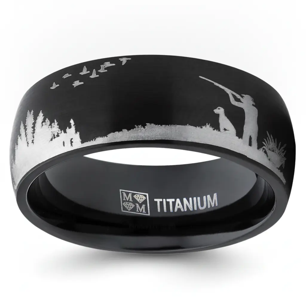 Men's Black Titanium Ring Wedding Band with Laser Etched Bird Duck Hunting Outdoor Ring, Comfort Fit 8mm