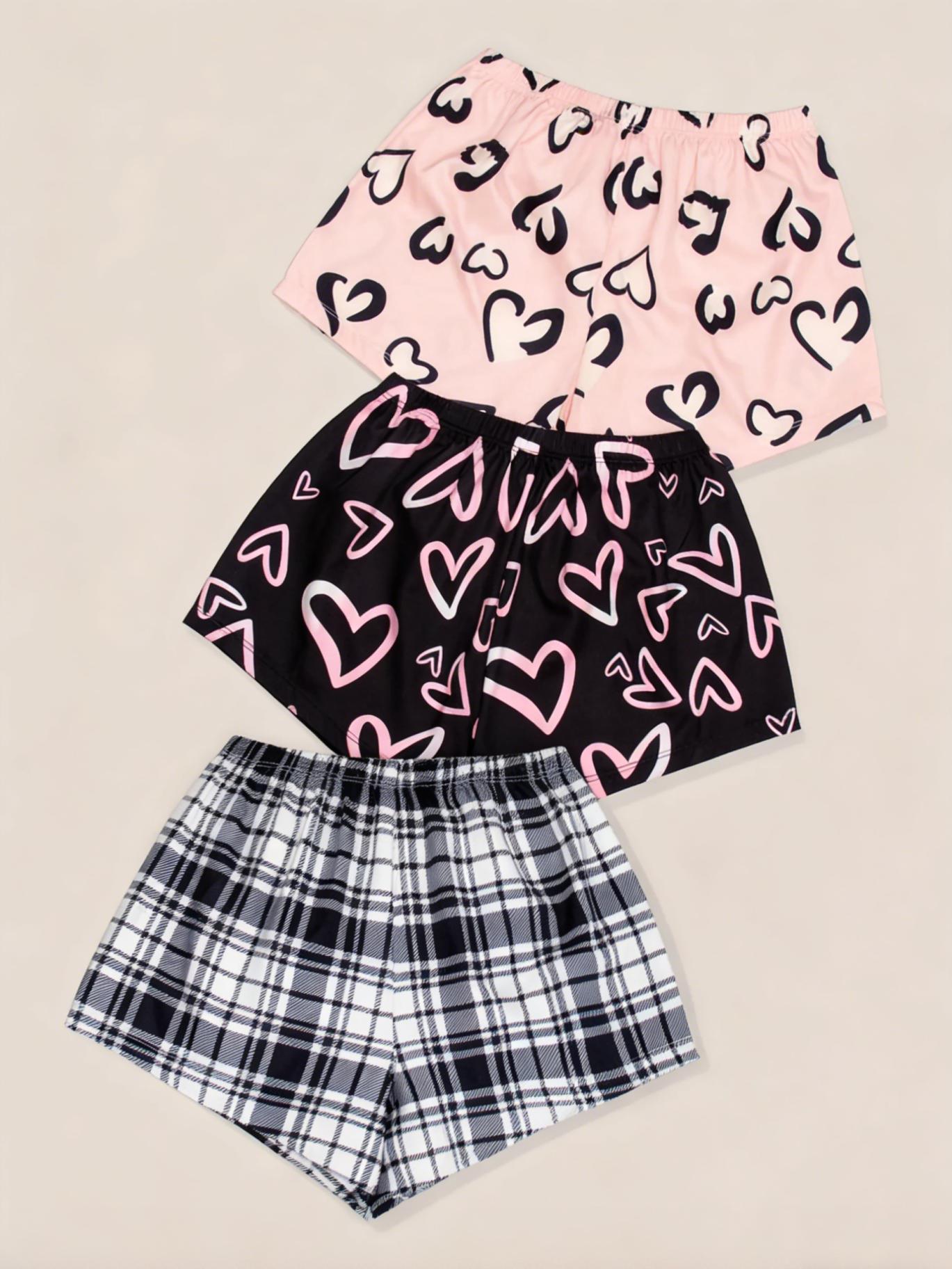 New! Women's Heart Print Elastic Waist Shorts Pyjama Set, 3 pack，Casual Comfy Shorts Set, Ladies Soft Sleepwear for All Seasons