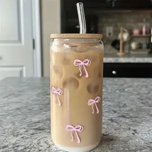 500ml Pink Bow Cute Glass Cups with Lids and Straw Tumbler Glass Cup for Iced Milk Coffee Smoothie Cocktail Matcha Juice Cup