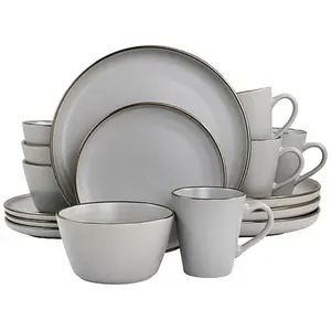 ELAMA Paul 16pc Stoneware Dinnerware Set in Matte Slate with Gold Rim