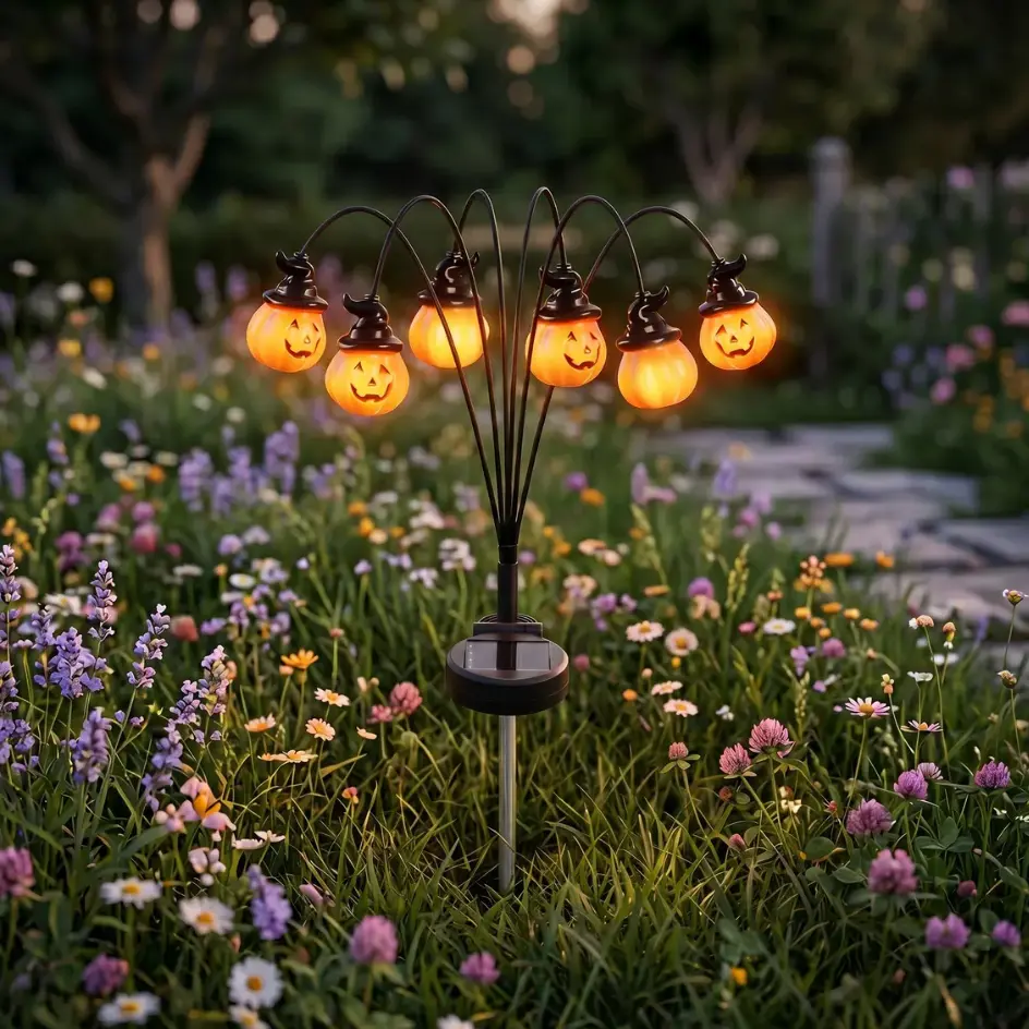 Solar Halloween Pumpkin Firefly Lantern Stake Solar Outdoor Lights - 6-Head Swaying, 60cm, Waterproof, Witch Hat Accents, Auto On/Off, Charges Sunlight, LED Glow, Spooky Decor for Garden Lovers' Garden, Party Prop, Spooky Theme