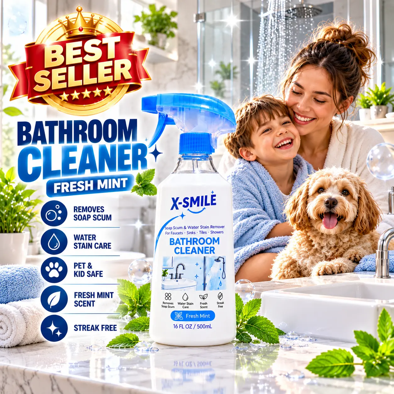 X-SMILE Multi-Purpose Household Bathroom Cleaning Solution 500 ml - Gentle, non-aerosol surface cleaner that removes hard water stains, soap scum, and everyday dirt from tiles.,home decor