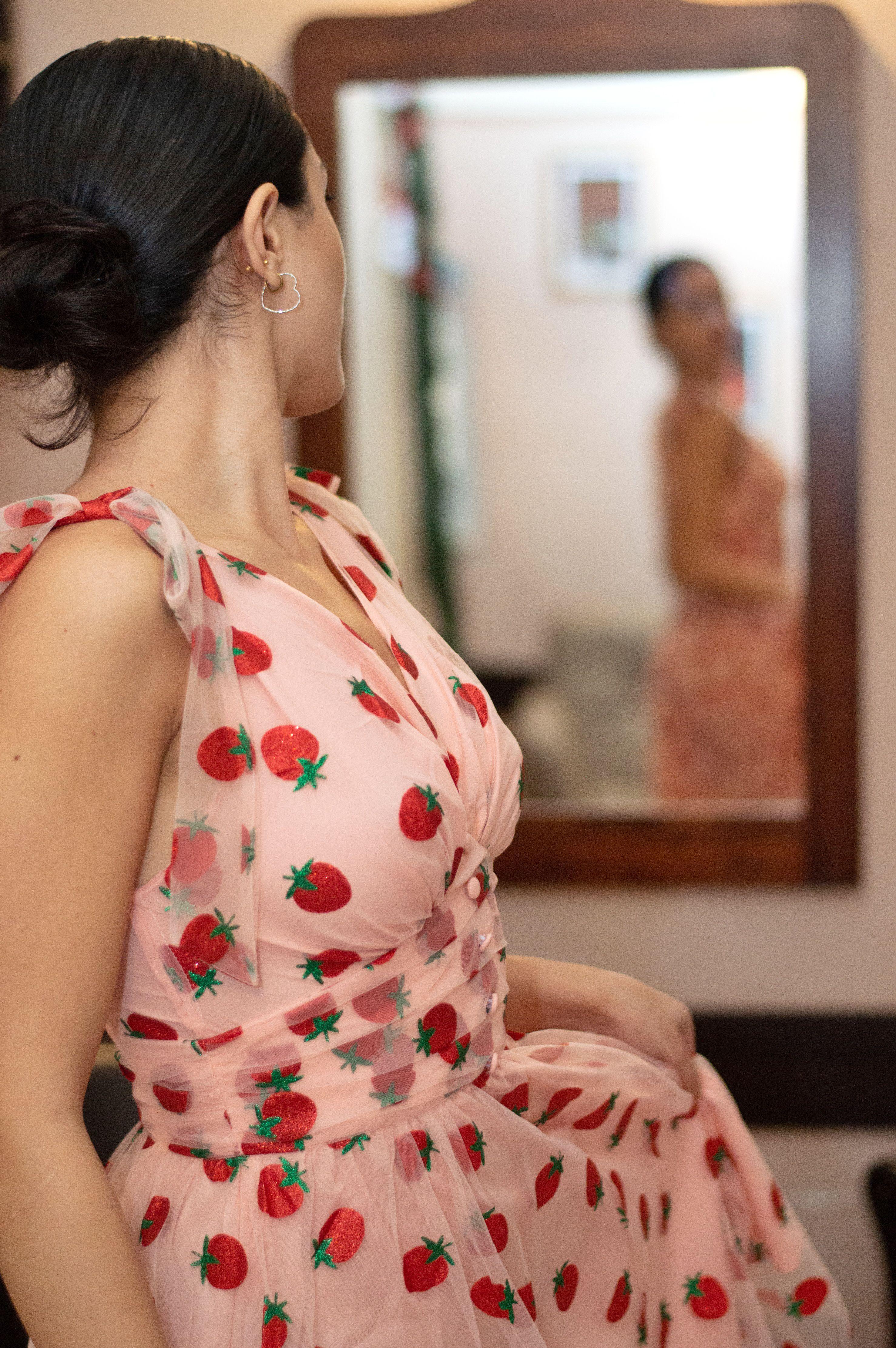 PINK 1950S STRAWBERRY MESH SWING DRESS Casual Elegant Classy Casual Breathable Outfits