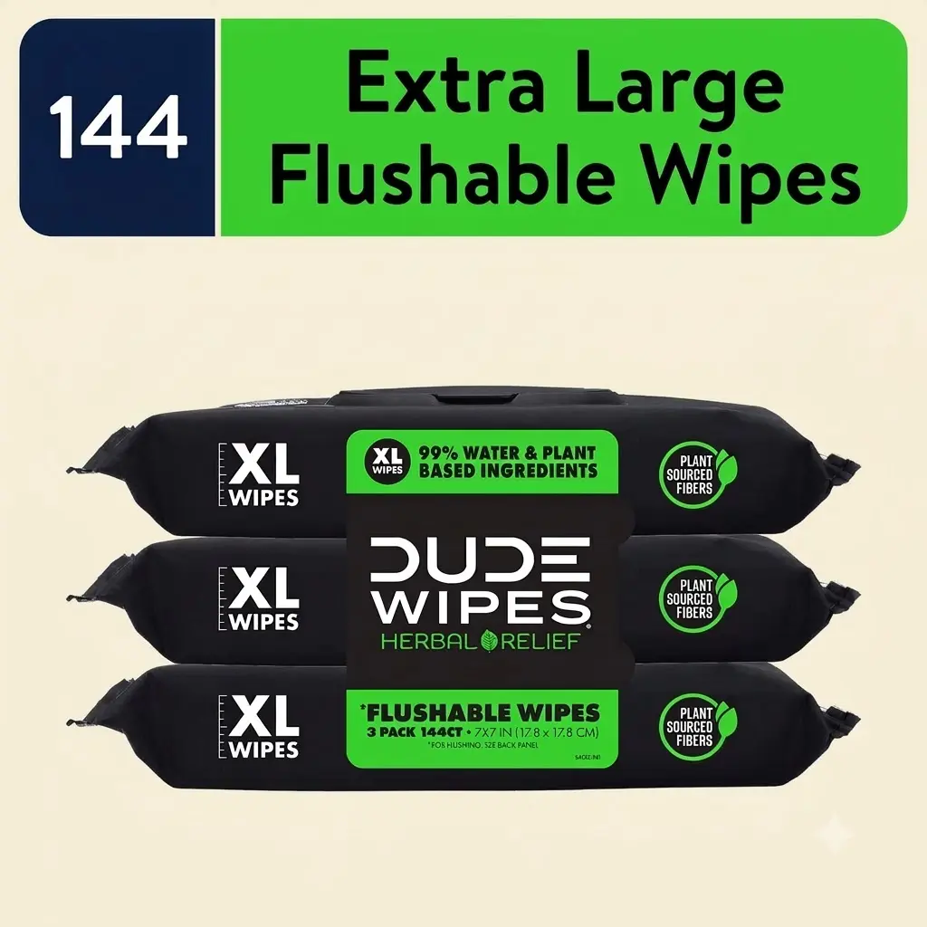 DUDE Wipes Flushable Wipes XL Wet Wipes For At Home Use Herbal Relief 144 Count Plant Based Aloe Personal Hygiene Care