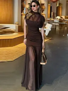 Brown Mesh Dress Womens Dresses Summer 2026 Elegant Party Dresses Chic O-Neck Ruched Maxi Dress Ruffled Sleeveless Long Dresses Ladies Fashion Vacation Vestidos, Gowns, Womenswear