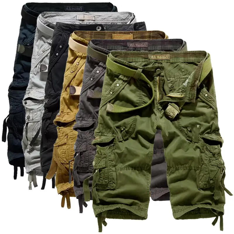 Men's Korean Style Multi-Pocket Cargo Shorts Fashion Trend Multi-Pocket Mid-Length Shorts Men's Casual Shorts Pants Cotton Fabric Khaki