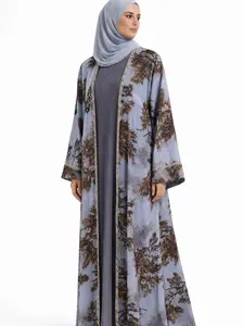 Elegant Floral Open Abaya with Pleated Inner Dress Soft Printed Outer Layer Wide Sleeves