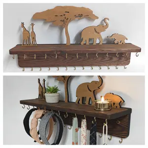 Wooden African Savanna Style Hook Storage Rack, Jewelry Organizer or Key Holder, Perfect for Hanging Necklaces, Bracelets, Earrings
