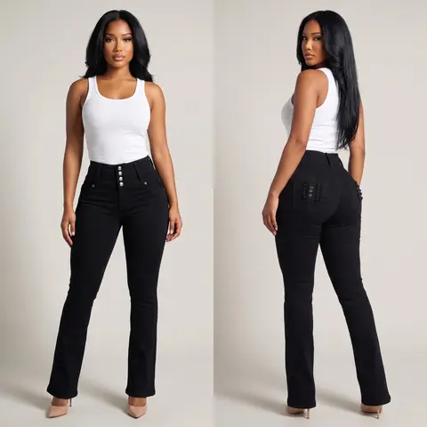 Women’s High Waist Black Bootcut Jeans, Push Up Stretch Denim with Stud Details – Womenswear MX JEANS by ModaXpress