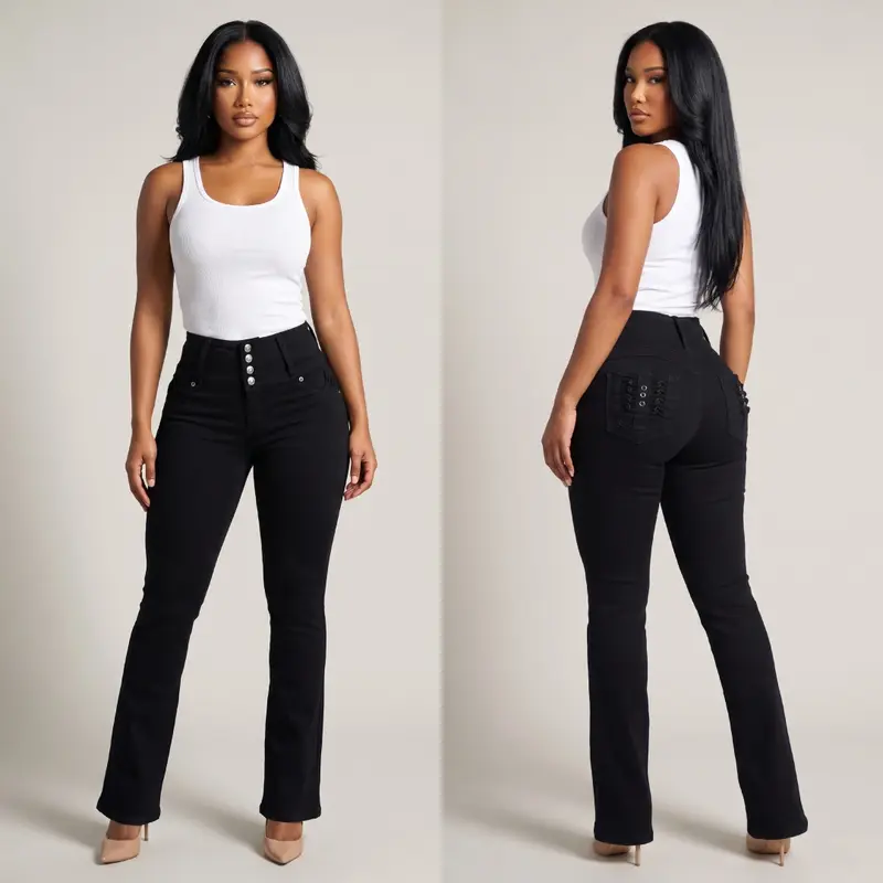 Women’s High Waist Black Bootcut Jeans, Push Up Stretch Denim with Stud Details – Womenswear MX JEANS by ModaXpress