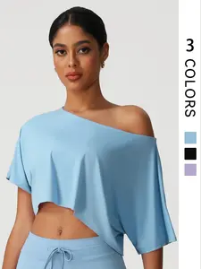 Women's Sports Short Sleeved T-Shirts，Solid Color Off Shoulder Inclined Shoulder Loose Sports Short Sleeved T-Shirts, Comfortable Stylish Sports Top for Yoga and Fitness Gym Top