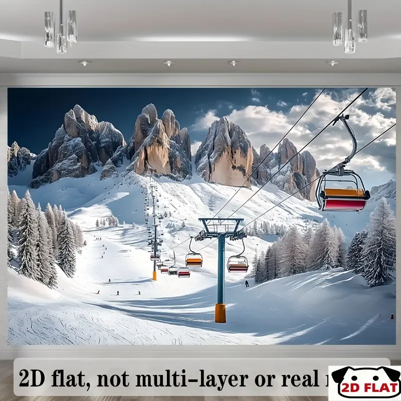 2D Flat Banner 1pc, Winter Sports Ski Resort Party Banner - Alpine Ski Lift & Snowy Mountain Landscape Backdrop Red Chairlift - Durable Wall Decoration, Photo Booth Props Christmas, New Year'S Eve, Birthday,