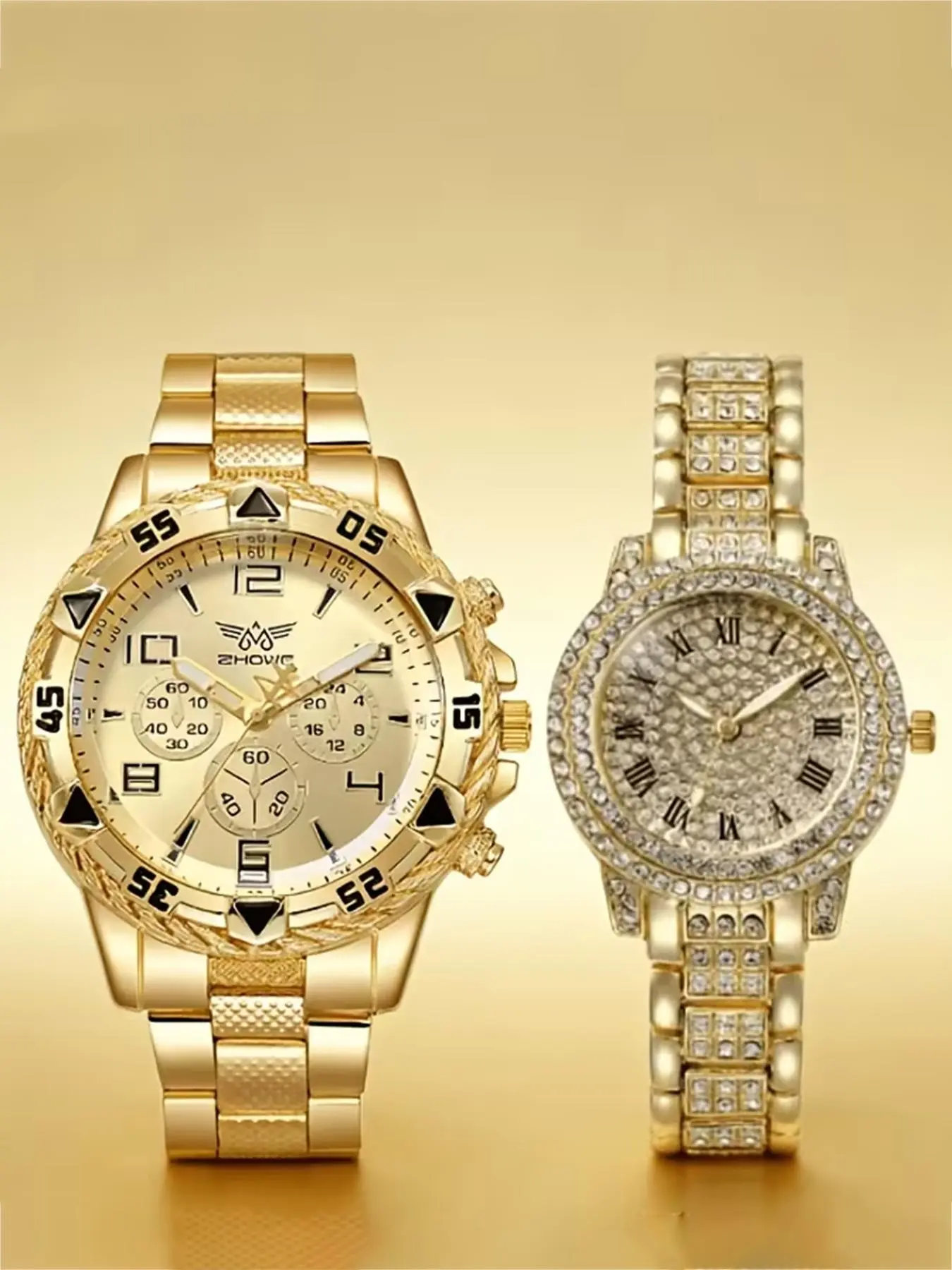 2-Piece Fashion Couple Watch Set, Gold and Silver Color, Round Dial, Quartz Movement, Unisex Casual Watches and Jewelry Set