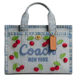 COACH Cargo 26 Cherry Embroidered Utility Tote Bag for Women – Denim and Walnut Calf Leather, Crossbody and Top-Handle, Multicolor