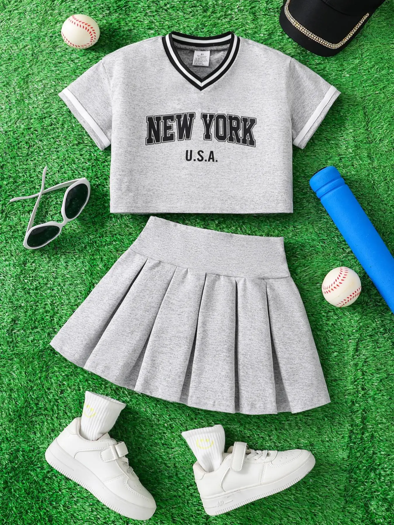 Girl's Letter Print Tee & Solid Color Pleated Skirt Two-piece Set, Casual Fashion Cozy Two Piece Set for Daily Outdoor Wear, Girls Clothing for Summer