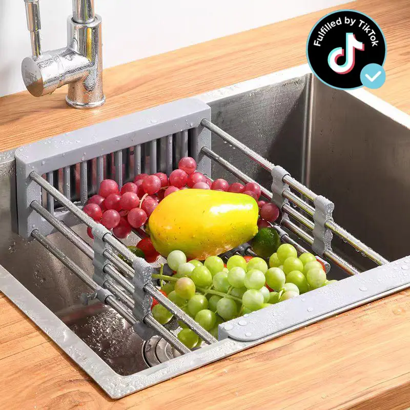 Stainless Steel Hanging Dish Rack, 1 Count Adjustable Multi-function Water Filter Basket for Fruits & Vegetables, Kitchen Sink Organizer