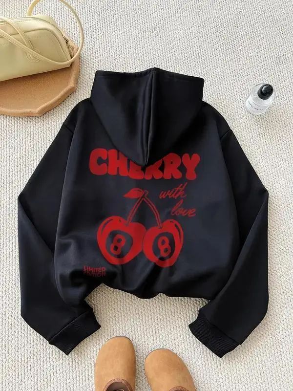 Women's Casual Style Hoodie, Customizable Knitted Fabric Top with a Sporty Cherry & Letter Graphic and Drop Shoulder