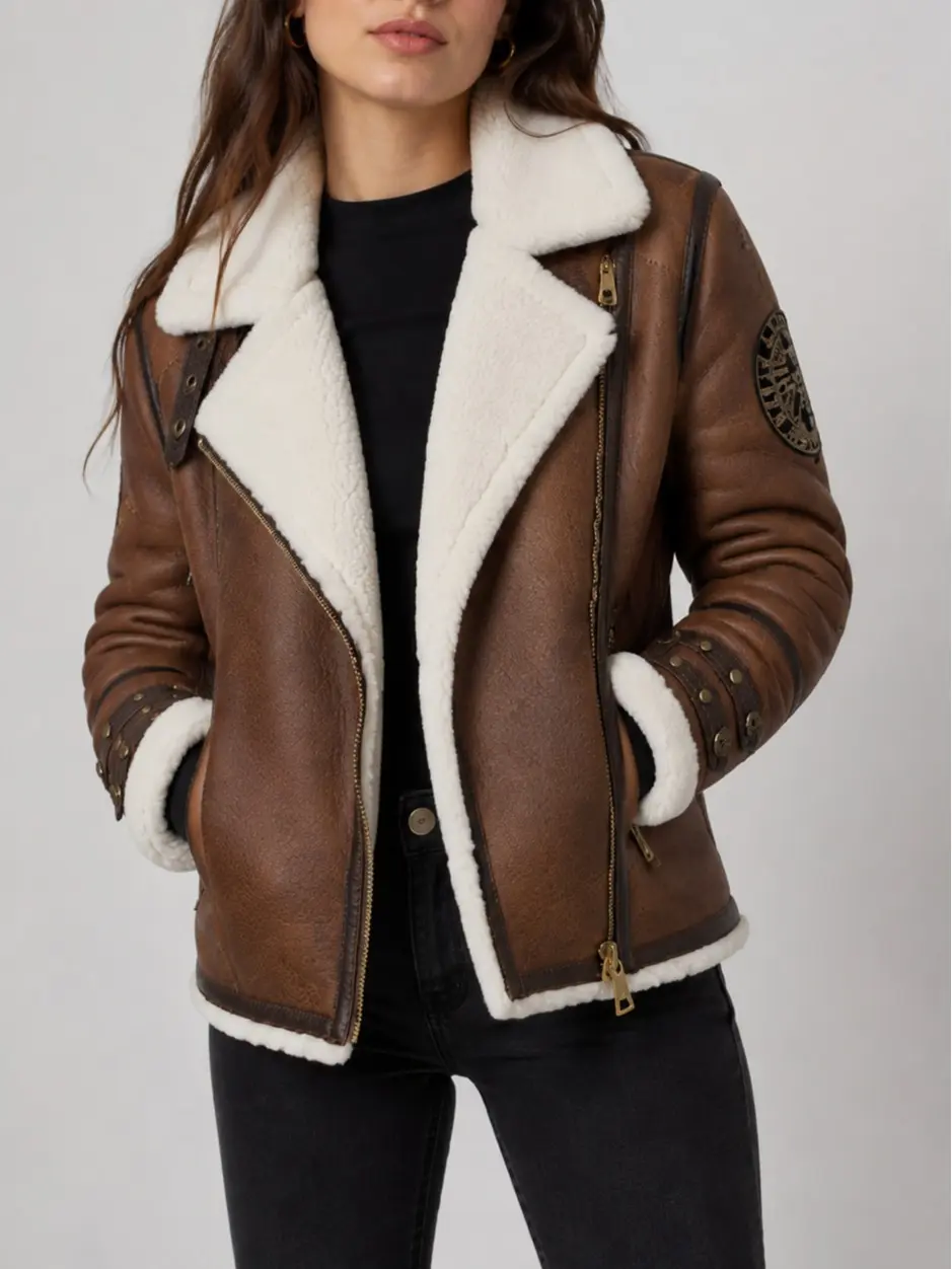 Women's Genuine Leather Shearling Jacket – Brown Real Leather Aviator Biker Jacket with Warm Shearling Lining & Zip Closure