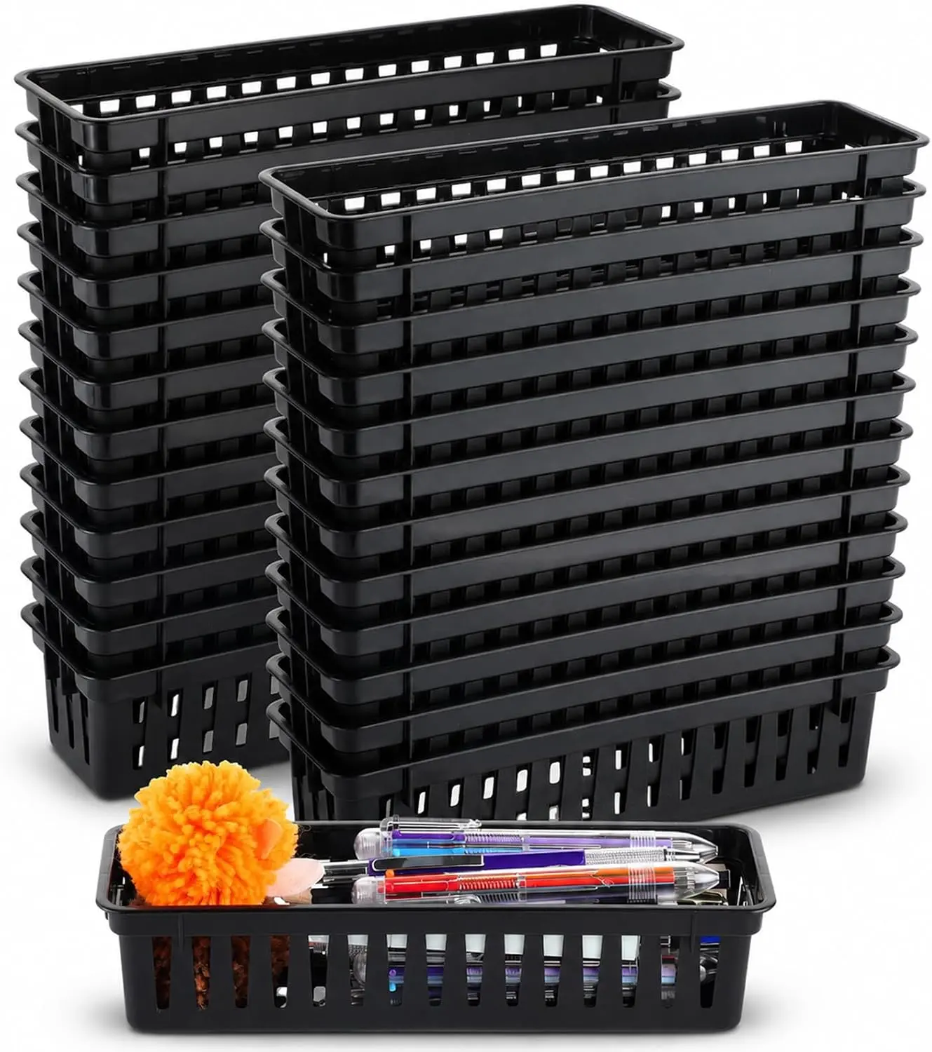 24 pcs Black Pencil Basket Dispenser for Classroom Pencil Holder for Desk (Kids Small Plastic Pen Crayon Basket Tray Classroom Storage Caddy Organizer for Student Teacher School Supplies Office)