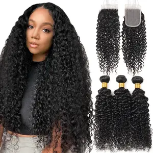 Curly Hair Bundles Human Hair with Closure Brazilian Curly Hair 3 Bundles with Closure 100% Unprocessed Virgin Kinky Curly Human Hair Weave Bundles with Closure