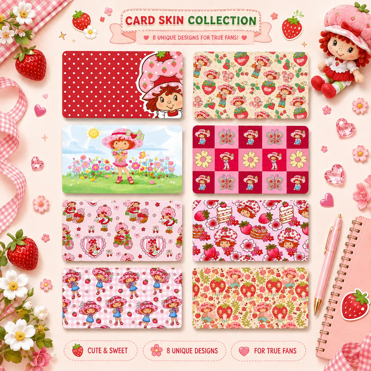 Strawberry Shortcake Card Skin Set, Cute Credit Card Skin Cover, Vintage Cartoon Wallet Sticker, Kawaii Gift