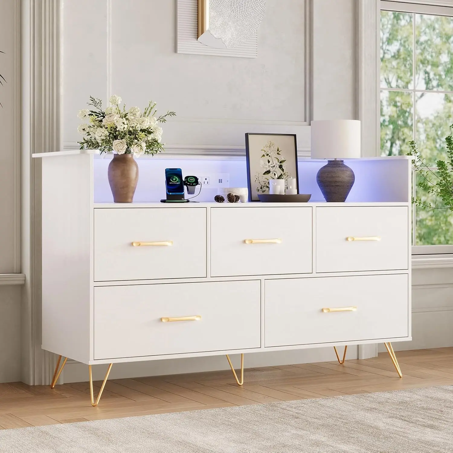 47in Wide Modern White Engineered Wood 5-Drawer Chest - LED Lighting, Built-in Charger, Freestanding Cupboards, Furniture for Apartment, Customizable Closet Organization Storage Drawer Units, Home Organizer Dresser