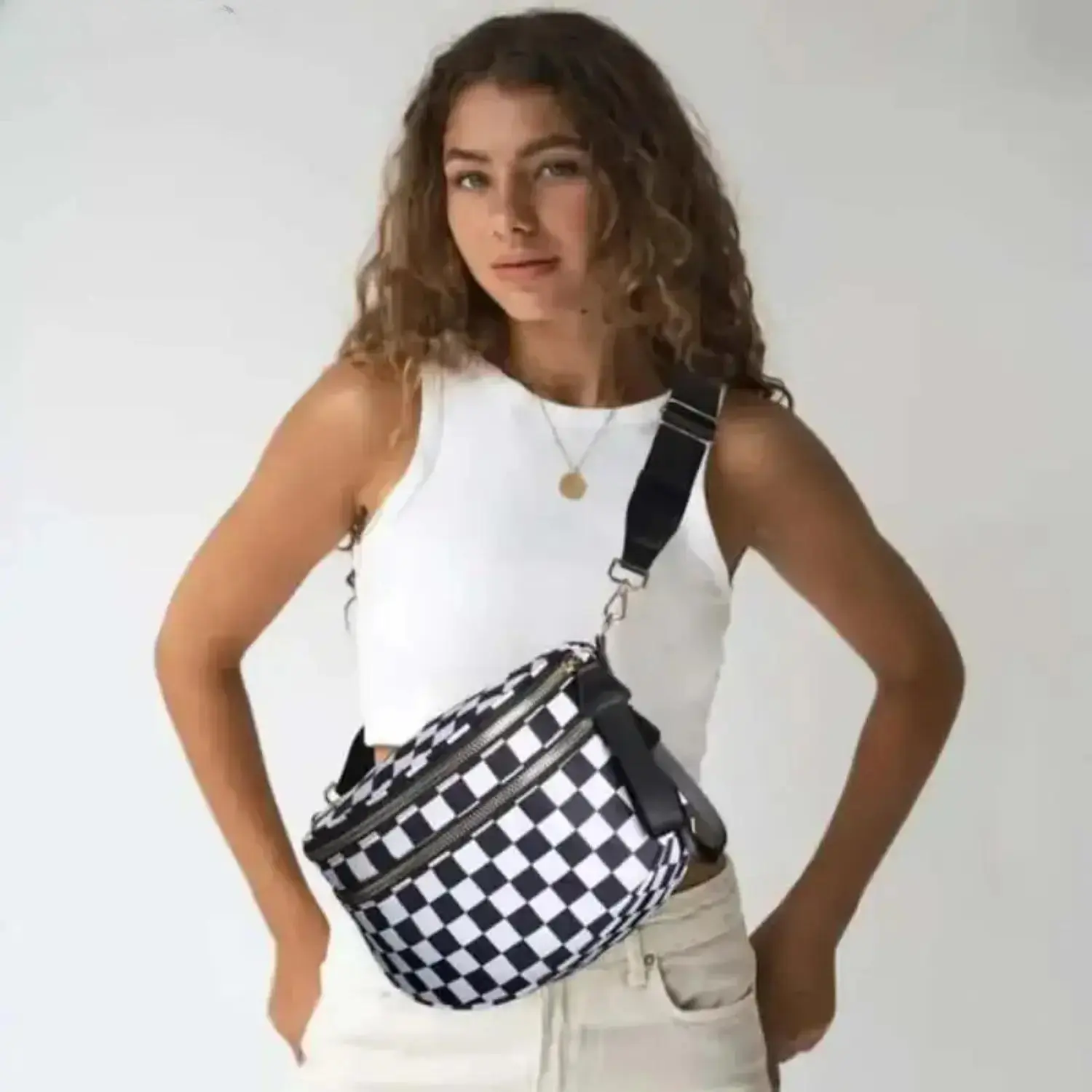 Checkered Nylon Fanny Pack for Women Y2K Crossbody Belt Bag with Adjustable Strap Large Capacity Waist Pouch for Travel Festivals and Daily Carry