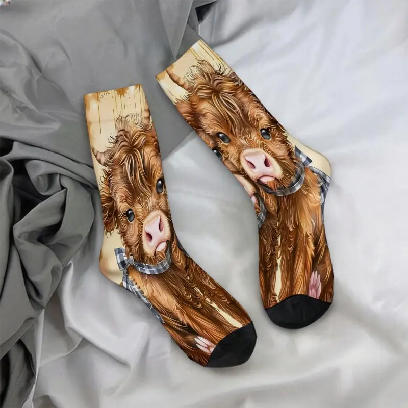Cute Scottish Highland cow print mid-calf socks - casual, soft, and comfortable, a must-have for autumn and winter.
