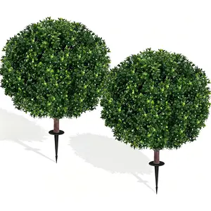 27.5" Artificial Boxwood Topiary Ball Tree, Set of 2 Fake Bushes Shrubs with Ground Spike, UV Resistant Faux Evergreen Boxwood Trees for Front Porch Planters Outdoor Garden Decor