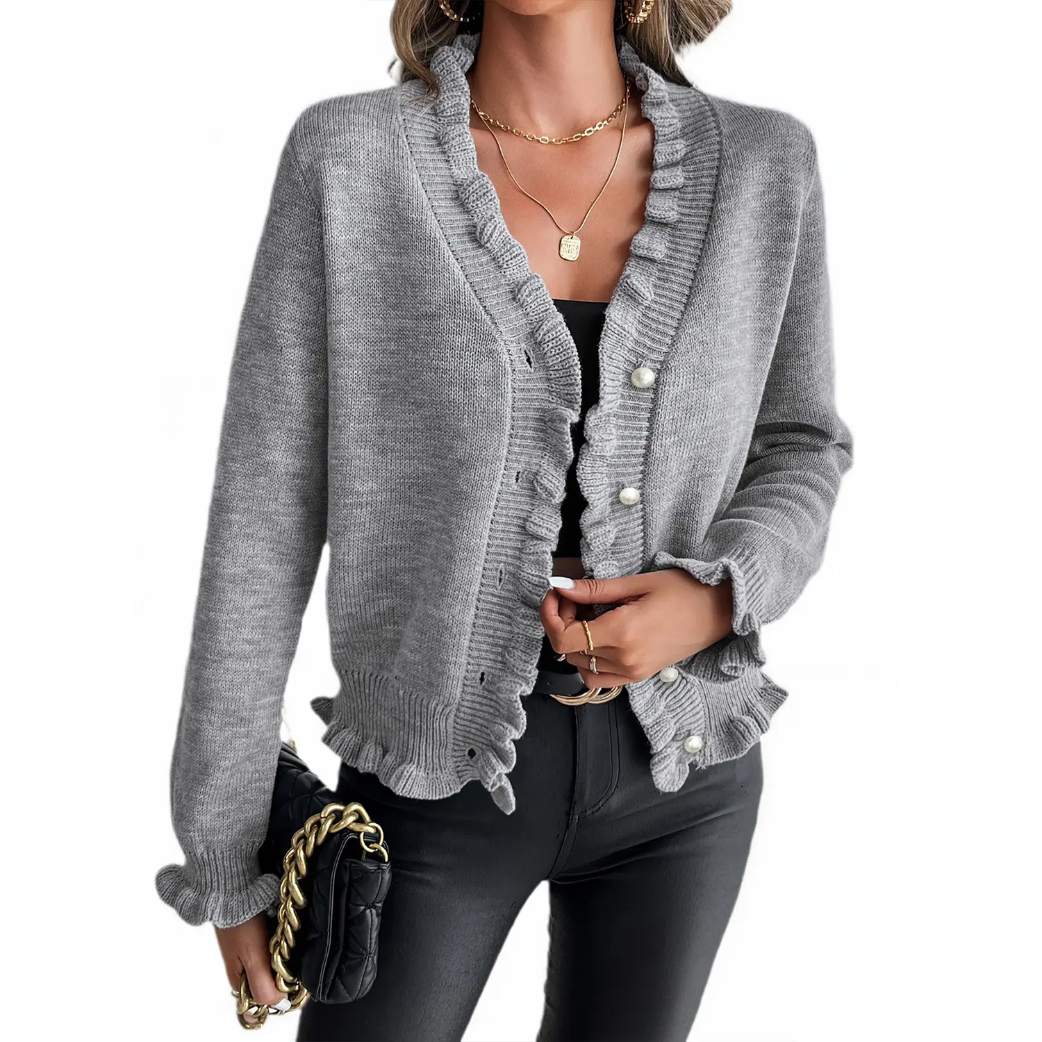 Cakulo Women's Longsleeve Knit Sweater Tops - Basic Casual Open Knitting Cardigan, Plain V-Neck, Loose-Fit, Elegant Lotus Edge Pearl Buttons, Comfortable for Spring & Autumn Everyday Wear,summerwins Vneck
