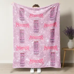 Monster Energy "Ultra Strawberry Dreams" Pink Glitter Pattern Blanket,Coquette Strawberry Can Decor Plush Throw Blanket,Zero Sugar Gamer Girl Gift,Soft Napping Blanket for Home Office Travel Camping