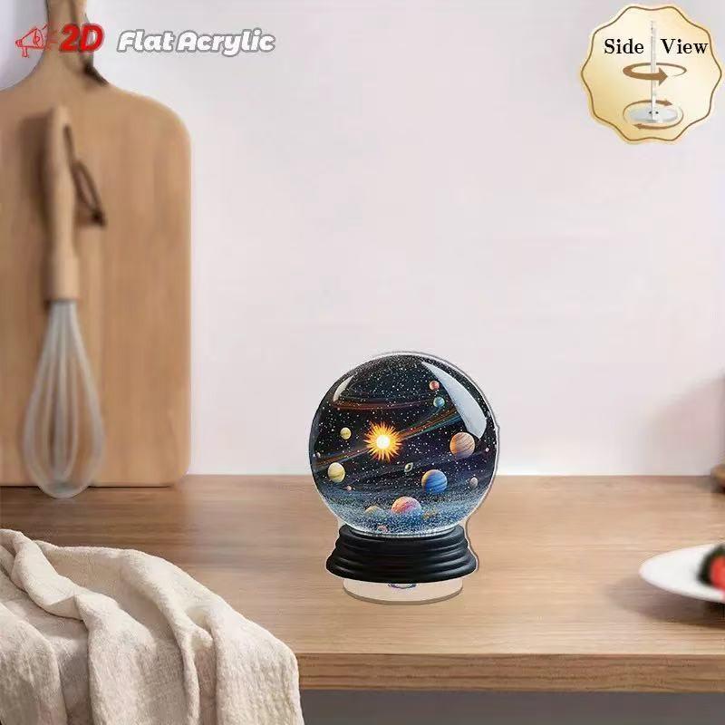 Rotating Solar System Crystal Snow Globe, 2D Acrylic Moon Desktop Decor, Gifts for Astronomy Lovers and Space Enthusiasts