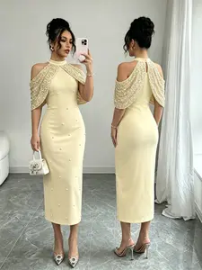 Women's Cream Color Halter Midi Dress, Off-Shoulder Sequin Cape Sleeve, Pearl Decoration, Elegant Formal Cocktail Gown for Weddings/proms/dinner Parties