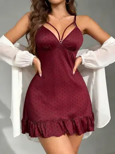 Women's Polka Dot Heart Nightdress Ruffle, Casual Cute Home Loungewear Sleepwear, Deep V Neck, Adjustable Shoulder Straps, Soft High Stretch Fabric