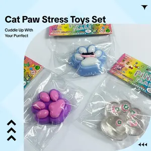 Cat Paw Stress Toys Set - 3-Pack Soft Squishy Fidget Toys in Gradient Blue Dreamy Purple & Clear Designs for On-the-Go Relaxation & Stress Relief - Sensory Bundle