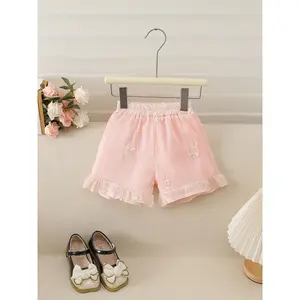 NewNew Style Children's Girls' Embroidered 2pcs Set, New Chinese Style "Mu Yun Sha" Princess Outfit, Three-Dimensional Flower Sleeveless Top + Elastic Waist Shorts, Super Sweet and Cute Pink Vacation Set, Lightweight and Comfortable, Perfect for Outdoor