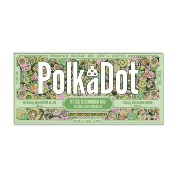 Polkadot Belgian Chocolate, Maui Coconut Twist, 20 Count, High Potency Plant-based Mushroom Snack, 100% Organic, High-Quality Ingredients, Made in USA, All Natural, Healthy Chocolate, 20 Piece Chocolate Bar