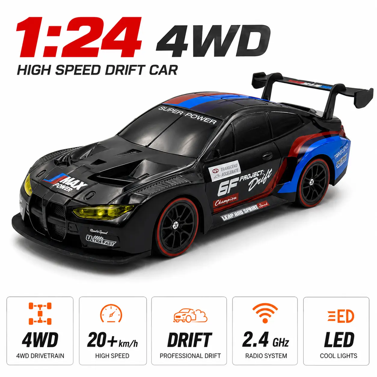 1:24 Scale 4WD Remote Operated High-Speed RC Car - 20KM/H 2.4GHz Racing Car with LED Lights, Drift Tires, Rechargeable Battery, Mini On-Road Toy for Ages 6+, Teen Boy Gift (Drifting Fun Included)