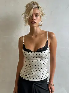 Sexy Color-Block Polka Dot Lace-Panel Camisole Top. Low-Neck Slim Y2K Minimalist Niche Hot Girl Blouse. Casual Street Style Versatile Sleeveless Backless Top.
