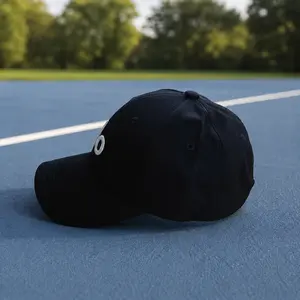 Performance District Trucker Hat - 100% Polyester Black Baseball Cap with White Letter "O" Design, Minimalist Durable Woven Outdoor Headwear for Running, Sun Protection
