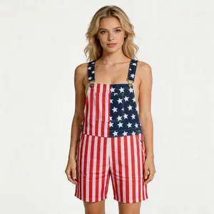 Summer Streetwear American Flag Overalls Unisex Soft Stretch Breathable Bib Pants for Casual Vacation Independence Day Memorial Day Parades