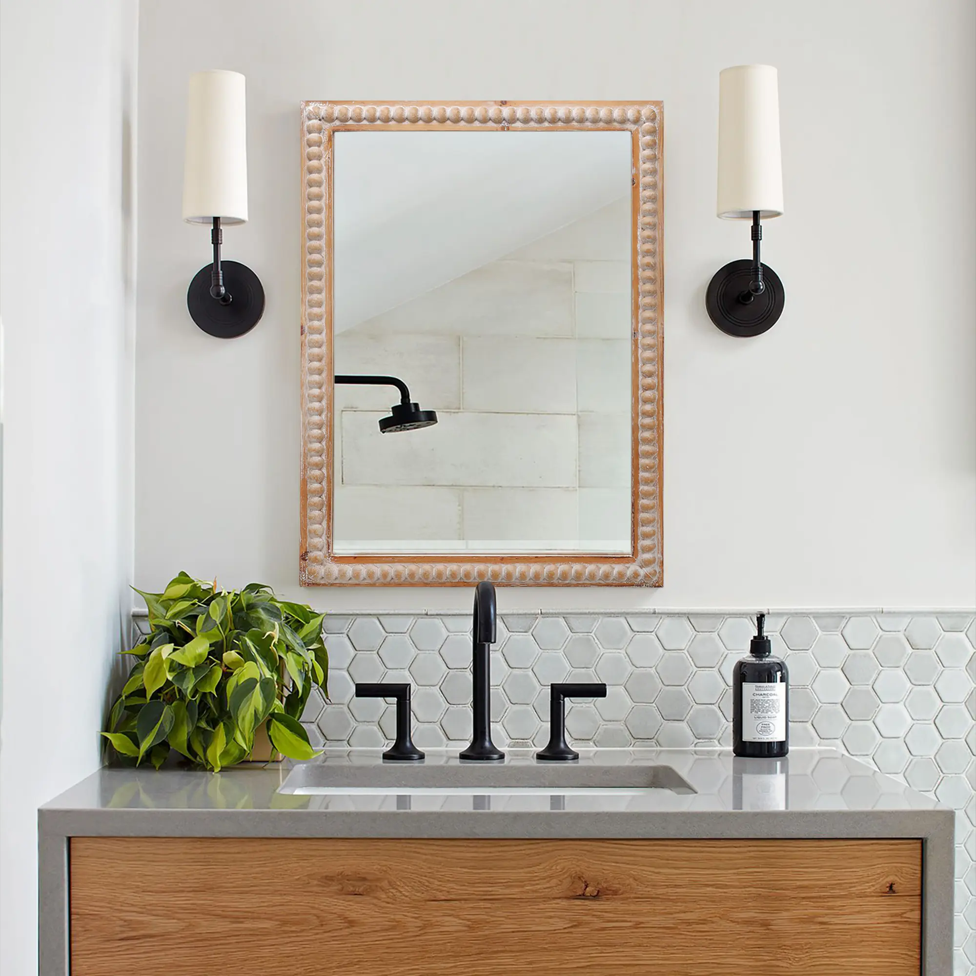 Wood Framed Wall Mirror 22x30 Inch Rectangle with Beading, Antique Natural MDF & Glass, Farmhouse Vanity Mirror for Bathroom, Bedroom, Living Room, Entryway, Horizontal or Vertical Hanging, Single Pack