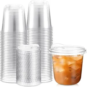 50 count Round Bottom Plastic Cups with Sip  Clear Disposable Iced Coffee Cups for Smoothie Cold Beverage Coffee Shops and Party Catering (10 oz,Clear)