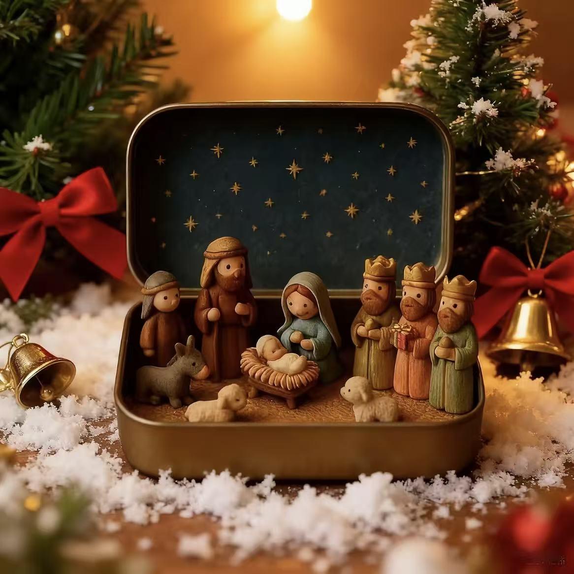 Handmade Miniature Christmas Nativity Set in Tin Box, Portable Pocket-Sized Manger Scene with Mary, Baby Jesus, Shepherds & Animals, Hand-Painted Resin Figures, Travel-Friendly Christmas Decor, Nativity Play Set & Holiday Gift
