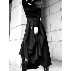 Women's Vintage Goth Punk High-Waist Black A-Line Midi Skirt - Double Button Closure, Flared Silhouette, Structured Non-Stretch Fabric for Spring/Summer 2025, Edgy Casualwear & Gothic Aesthetic Outfits, Summer Fashion, Sleek Highwaist Design, Elegant Tai