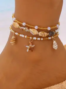 Ocean-Themed Shells Starfish & Bead Designs Anklet for Women, Set of 3 Beach Foot Jewelry, Ideal for Beach Hawaiian Vacations, Set of three